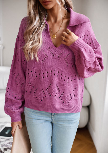 Purple Polo V Neck Long Sleeve Knit Sweater