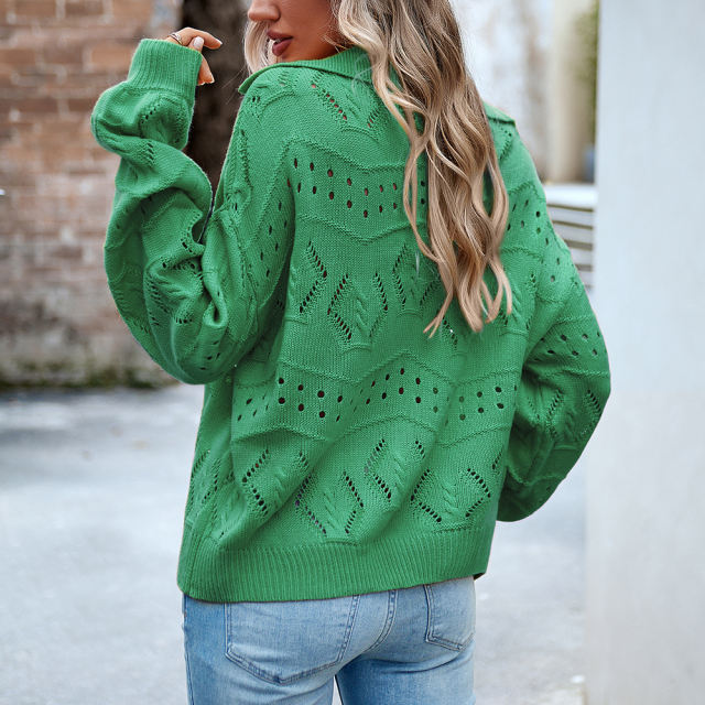 Green Polo V Neck Long Sleeve Knit Sweater
