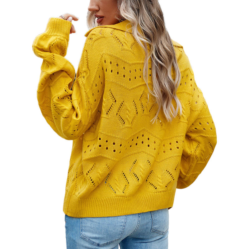 Yellow Polo V Neck Long Sleeve Knit Sweater
