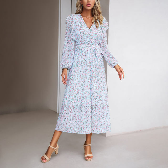 Light Blue V Neck Ruffle Detail Long Sleeve Floral Dress