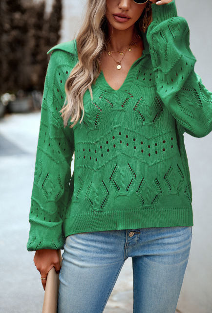 Green Polo V Neck Long Sleeve Knit Sweater