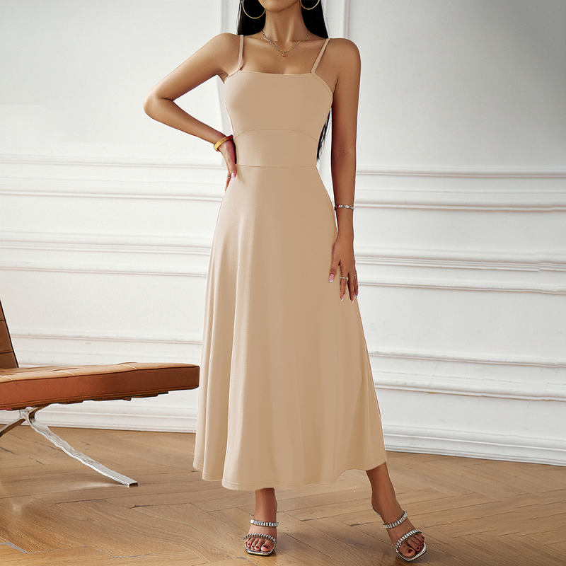 Apricot Back Crisscross Spaghetti Straps Long Dress