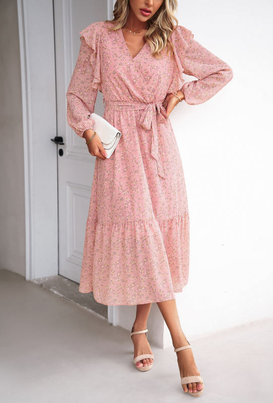 Pink V Neck Ruffle Detail Long Sleeve Floral Dress