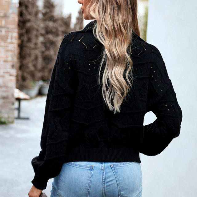 Black Polo V Neck Long Sleeve Knit Sweater