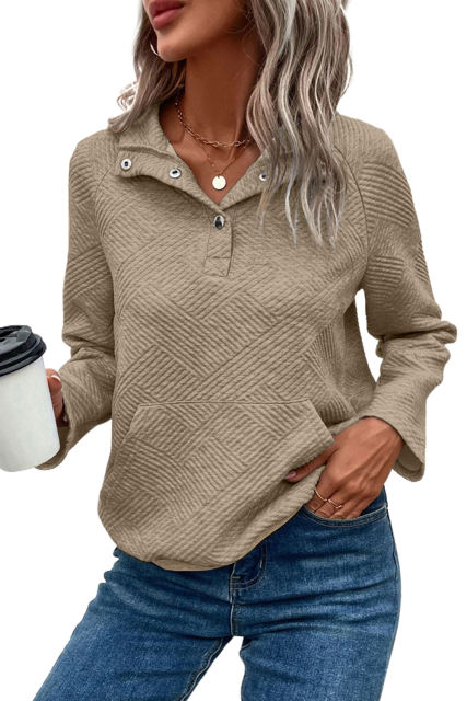 Pale Khaki  Textured Knit Buttoned Kangaroo Pocket Sweatshirt