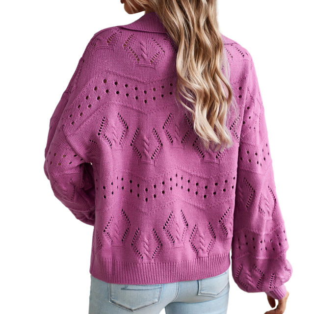 Purple Polo V Neck Long Sleeve Knit Sweater