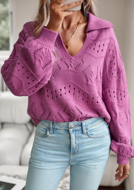Purple Polo V Neck Long Sleeve Knit Sweater