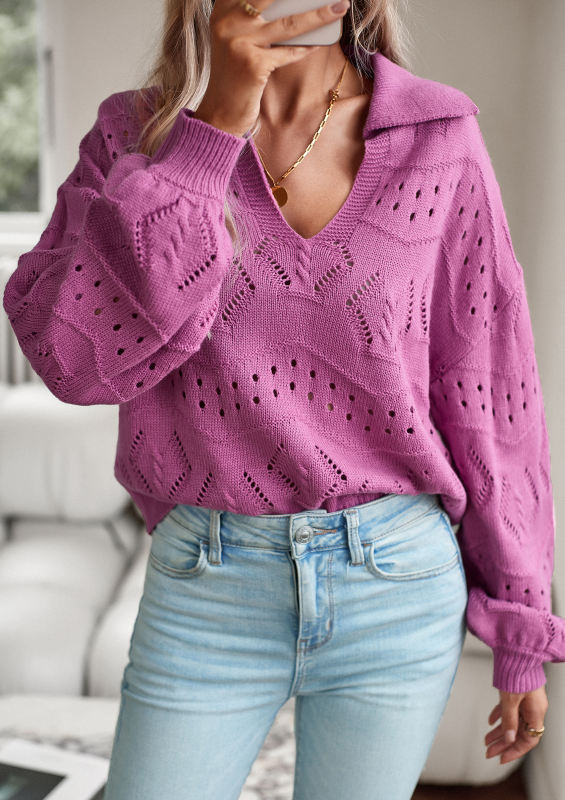 Purple Polo V Neck Long Sleeve Knit Sweater