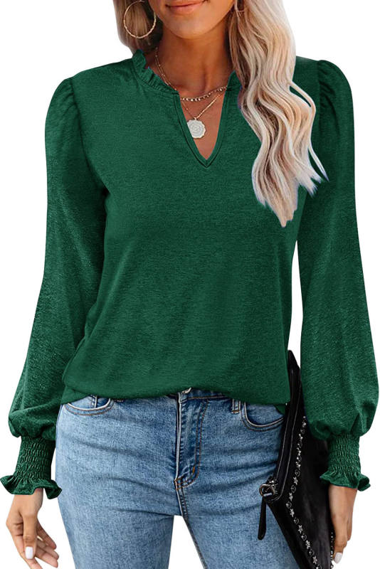Green Frill V Neck Puff Long Sleeve Top