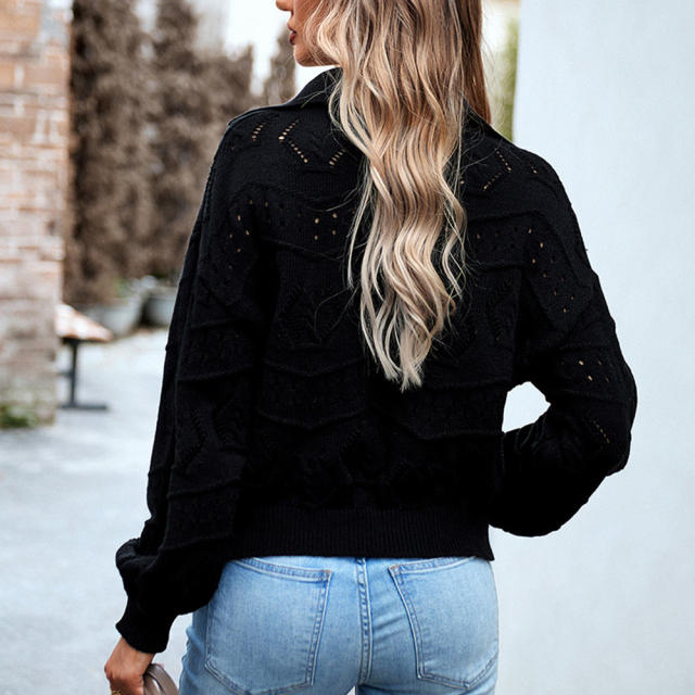 Black Polo V Neck Long Sleeve Knit Sweater