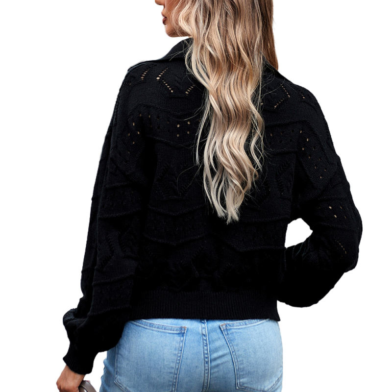 Black Polo V Neck Long Sleeve Knit Sweater