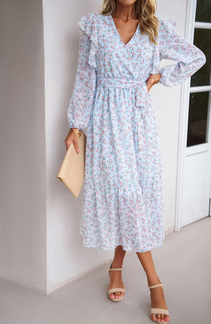 Light Blue V Neck Ruffle Detail Long Sleeve Floral Dress