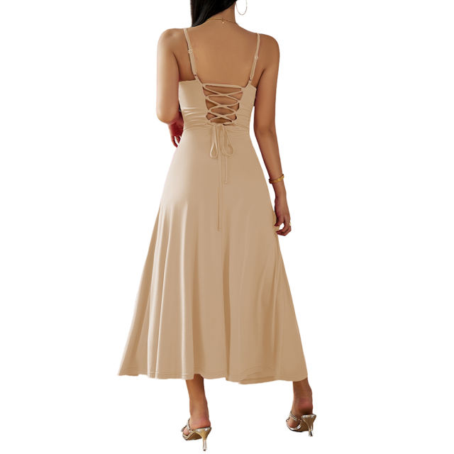 Apricot Back Crisscross Spaghetti Straps Long Dress