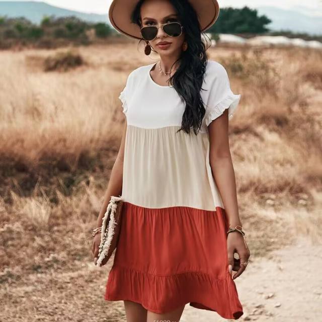 Orange Three ColorBlock Ruffle Mini Dress TQK310517-14