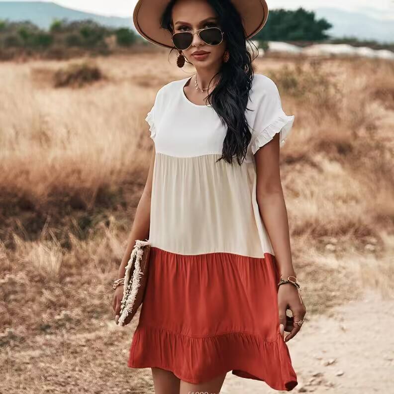 Orange Three ColorBlock Ruffle Mini Dress TQK310517-14