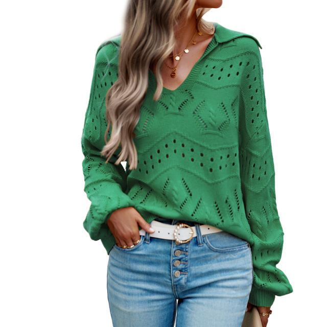 Green Polo V Neck Long Sleeve Knit Sweater