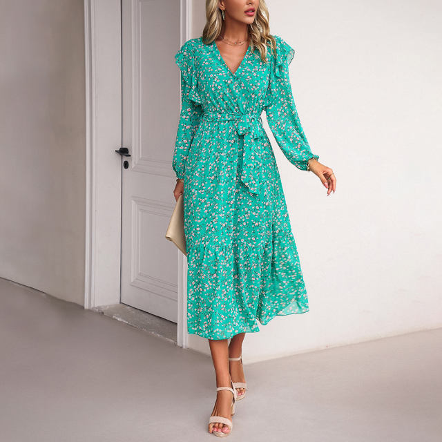 Green V Neck Ruffle Detail Long Sleeve Floral Dress
