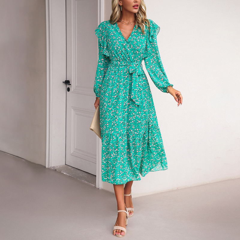 Green V Neck Ruffle Detail Long Sleeve Floral Dress