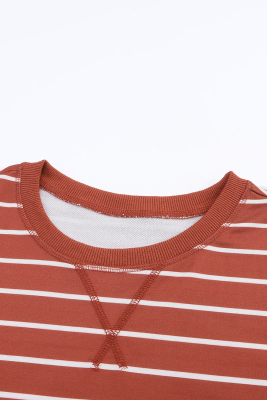 Fiery Red Striped Print Ribbed Trim Long Sleeve Top