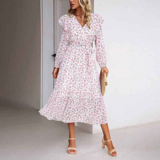 White V Neck Ruffle Detail Long Sleeve Floral Dress