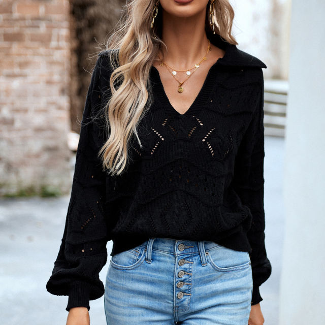 Black Polo V Neck Long Sleeve Knit Sweater