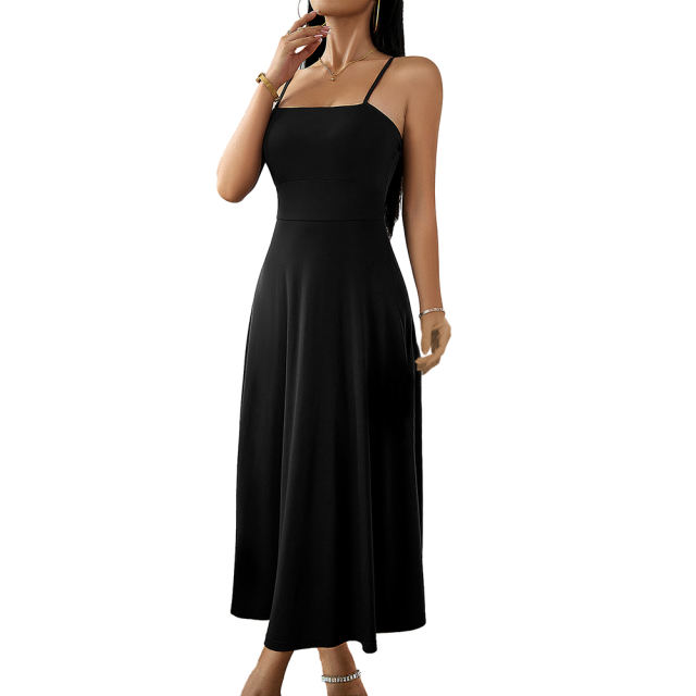 Black Back Crisscross Spaghetti Straps Long Dress