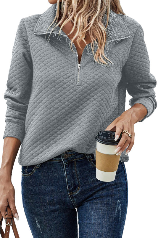 Gray Solid Half Zipper Quilted Pullover Sweatshirt