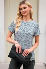 Gray Leopard Print Crew Neck Short Sleeve T Shirt
