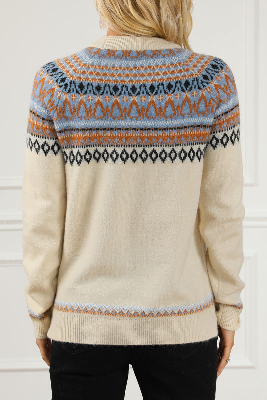 Multicolor Vintage Geometric Detail Round Neck Sweater
