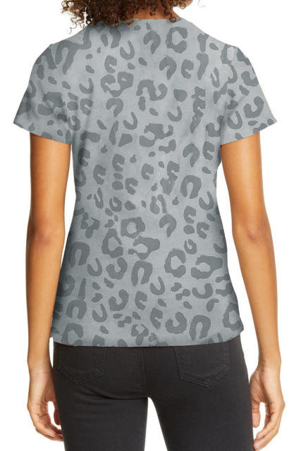 Gray Leopard Print Crew Neck Short Sleeve T Shirt
