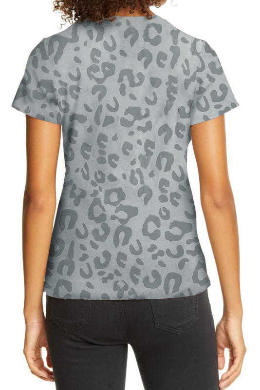 Gray Leopard Print Crew Neck Short Sleeve T Shirt