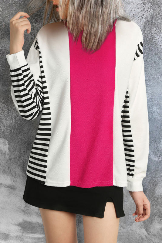 Rose Colorblock Exposed Seam Striped Long Sleeve Top