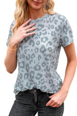 Gray Leopard Print Crew Neck Short Sleeve T Shirt