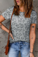 Gray Leopard Print Crew Neck Short Sleeve T Shirt