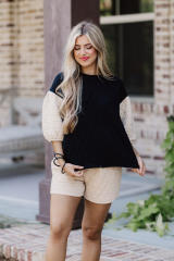 Black Color Block Quilted 3/4 Sleeve Top and Shorts Set