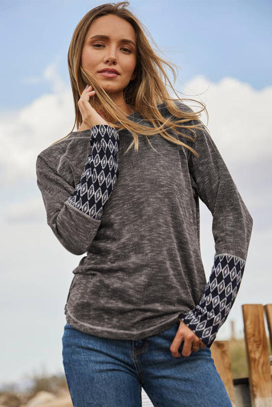 Gray Aztec Patchwork Ribbed Long Sleeve Top