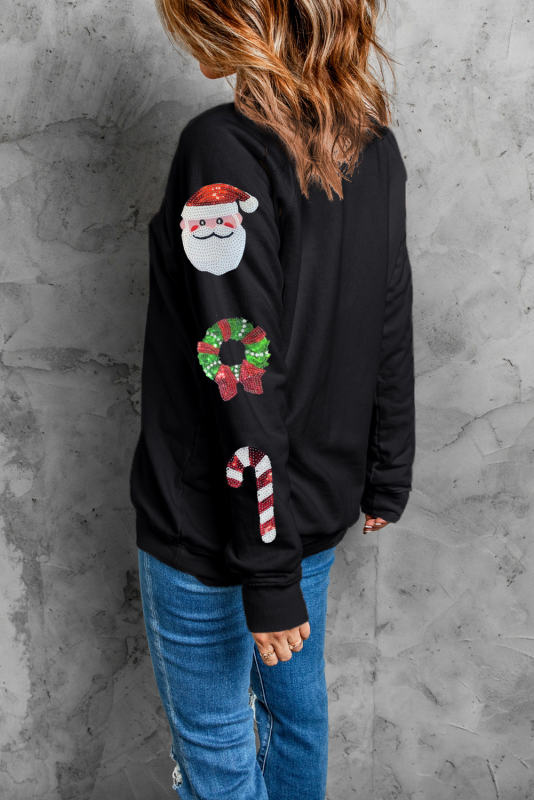 Black Christmas Pattern Sequined Crewneck Sweatshirt
