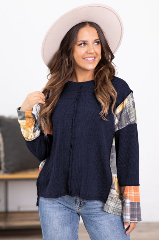 Navy Blue Plaid Patchwork Exposed Seam Knit Top