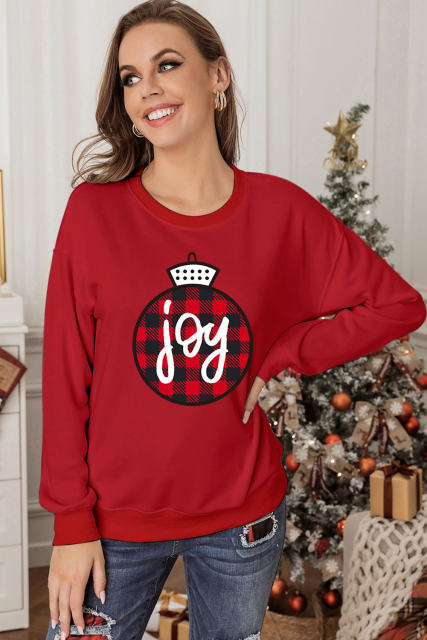 Red joy Plaid Christmas Print Crew Neck Sweatshirt