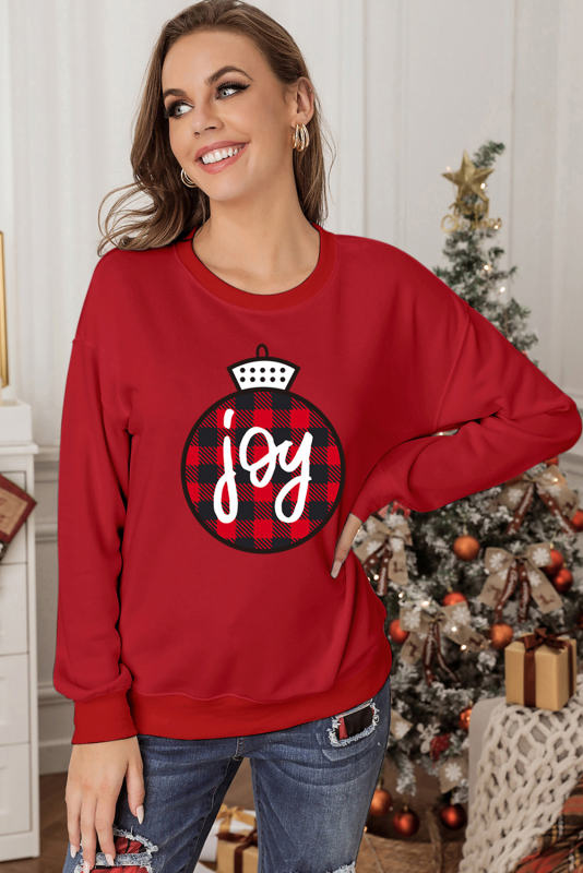 Red joy Plaid Christmas Print Crew Neck Sweatshirt