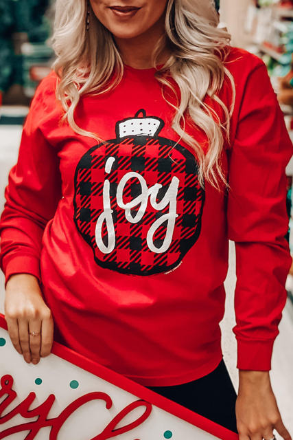 Red joy Plaid Christmas Print Crew Neck Sweatshirt