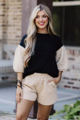 Black Color Block Quilted 3/4 Sleeve Top and Shorts Set