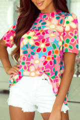 Purple Boho Flower Print Puff Short Sleeve Top