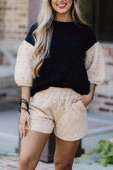 Black Color Block Quilted 3/4 Sleeve Top and Shorts Set