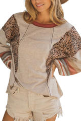 Khaki Leopard Serape Patchwork Exposed Stitching Pullover Top