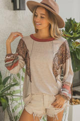 Khaki Leopard Serape Patchwork Exposed Stitching Pullover Top