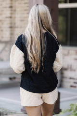 Black Color Block Quilted 3/4 Sleeve Top and Shorts Set