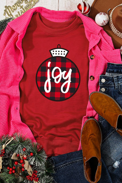 Red joy Plaid Christmas Print Crew Neck Sweatshirt
