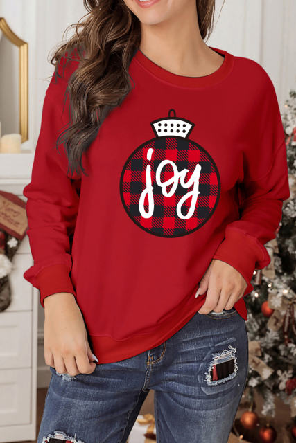 Red joy Plaid Christmas Print Crew Neck Sweatshirt