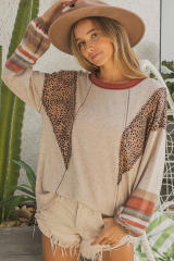 Khaki Leopard Serape Patchwork Exposed Stitching Pullover Top